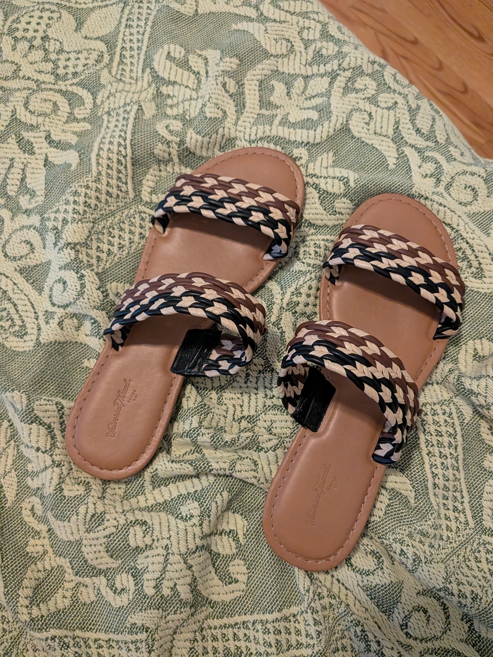 Universal Thread Tan Slide Sandals with Black and Cream Braided Straps